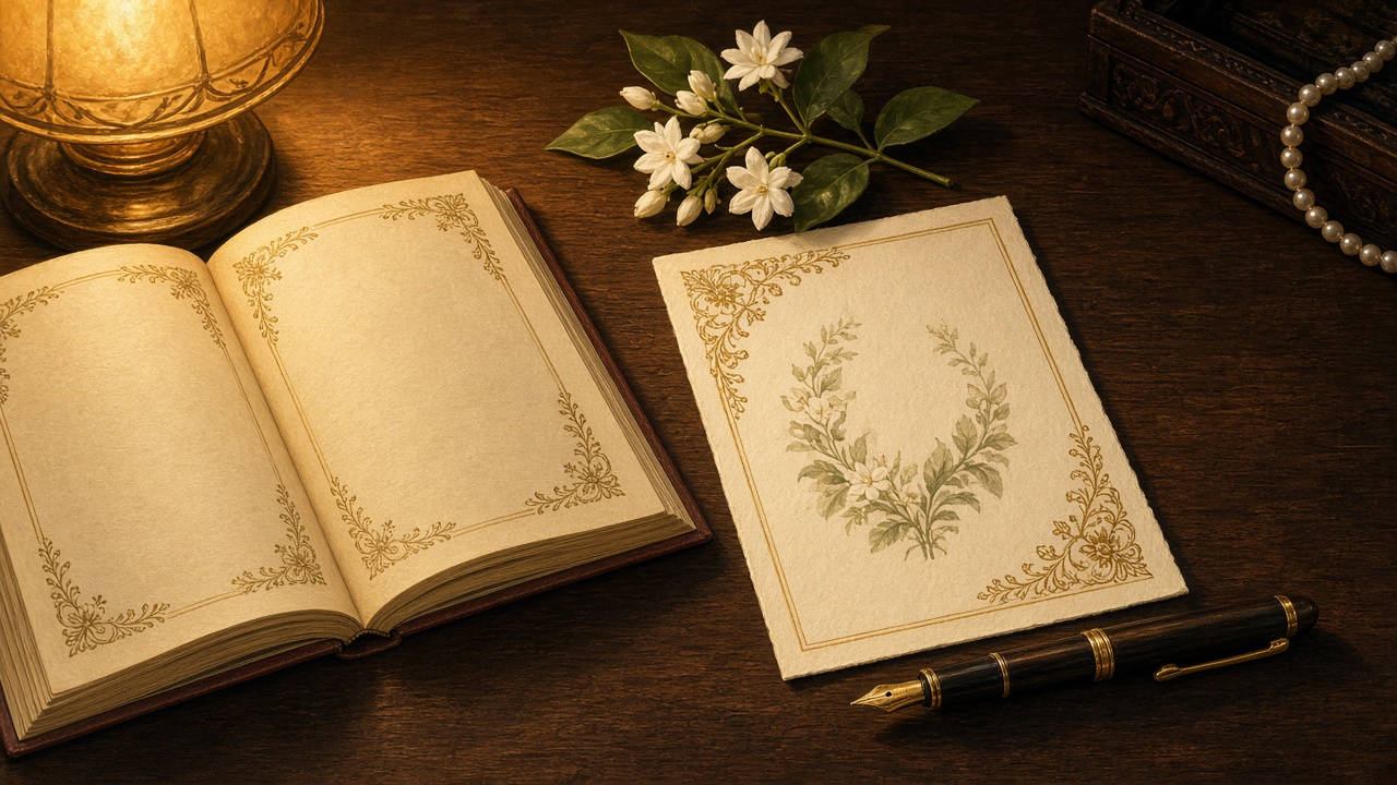 An open poetry book beside a cream invitation card and jasmine